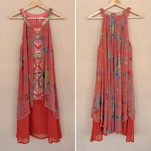 bl^nk London ANTHRO Beaded Layered Gossamer Coral Floral Dress Sz L